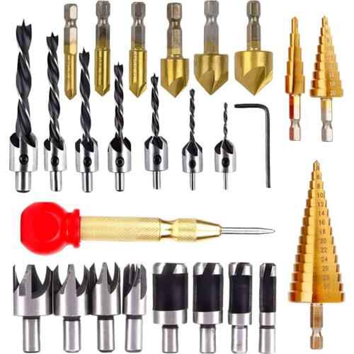 26-Pack Woodworking Chamfer Drilling Tools Drill Bits Set Wood Plug Cutter Three Pointed Countersink Drill Bits with L-wrench