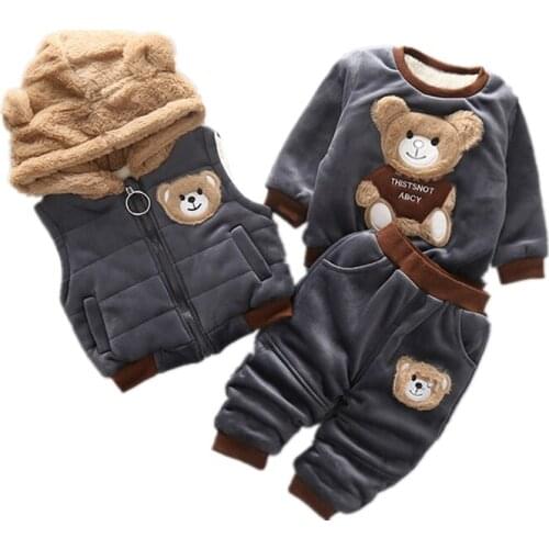 New Winter Baby Girl Clothes Suit Children Boys Thick Hooded Vest T Shirt Pants 3Pcs/sets Toddler Casual Costume Kids Tracksuits