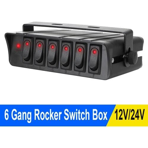 For Cars Vehicles Caravan Switch Panel Universal 12-24V 20A 6 Gang Rocker Switch Box with LED Light Indicator Waterproof