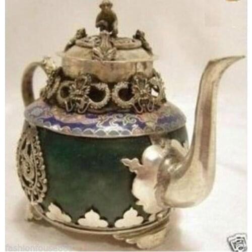 Rare white copper monkey dragon natural green gem jade teapot Garden Home Decoration Tibetan Silver Vintage teapots flagon
