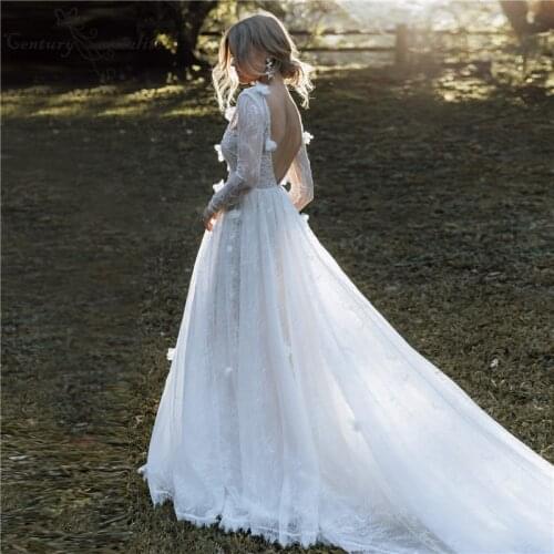 Romantic Boho Wedding Dress Lace Floral Flowers Beach Bride Dresses V-Neck Backless Bohemian Bridal Gowns Vestido De Noiva