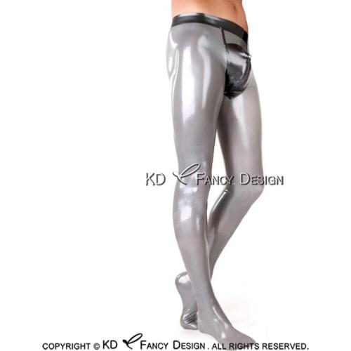 Silver And Black Trims Sexy Latex Pants With Feet Socks Crotch Zippers Rubber Leggings Trousers CK-0066