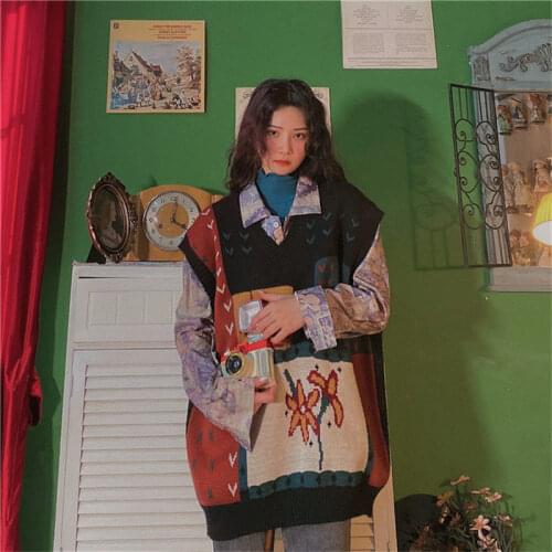 Women Sweater Vest V-Neck Sleeveless Autumn Winter Vintage V-Neck Loose Sweater 2 Pic a Set Mori Girl Sinter Sweater Women