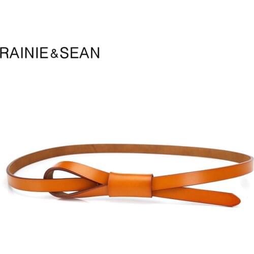 RAINIE SEAN Thin Real Leather Women Belt Korean Casual Ladies Knot Belts for Dresses Autumn Camel Self Tie Strap Accessories