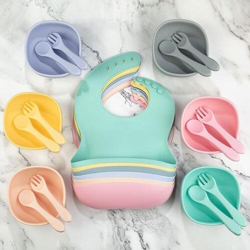 TYRY.HU 3Pc/lot Silicone Bib Feeding Square Bowl Spoon Set Tableware Waterproof Non-slip BPA Free Portable Children Tableware
