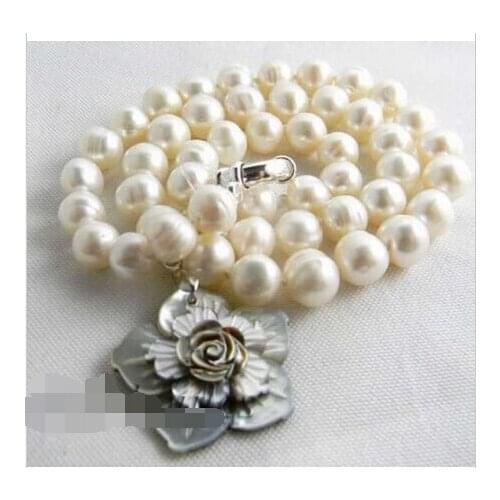 Vogue popular 17"9mm round white freshwater pearl shell flower Pendant necklace