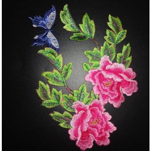1Pair/ 2pcs red blue orange purple peony flower embroidered patches iron on Motif Applique Fabric clothing embroidery patch