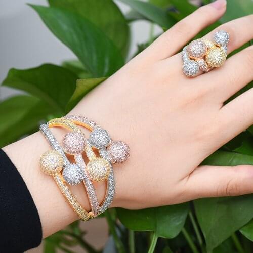 Blachette Luxury High Quality Shiny Noble Wide Bangle Ring Jewelry Set Ball Fantastic Bridal Wedding Engagement Banquet Jewelry