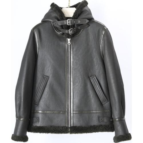 MENINA BONITA Double Faced Fur Winter Jacket Women Hood Coat Genuine Leather Natural Merino Sheep Fur Belt Outerwear Locomotive