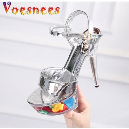 2021 New Women Romantic Flower Platforms Wedding Shoes Summer Sexy High Heel 15CM Transparent Crystal Models High Heels Sandals