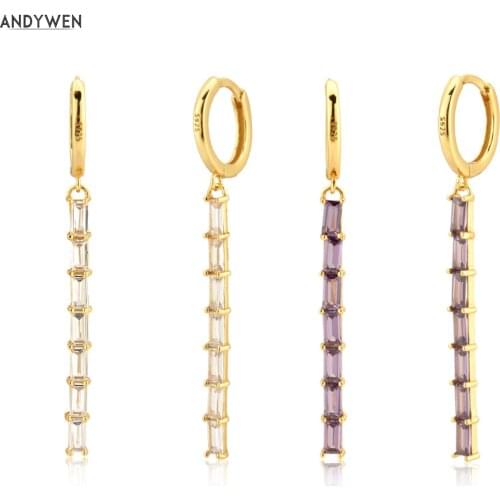 ANDYWEN 925 Sterling Silver Clear Zircon Long Line Drop Earring 30mm Pendiente Women Fashion Hoop Piercing Pendiente Jewelry