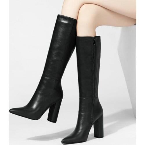 Ladies Knee Boots Fashion Autumn Winter Zipper Knight Boots Female Pointed Square Heel Loose Large Size Solid Color Women Shoes