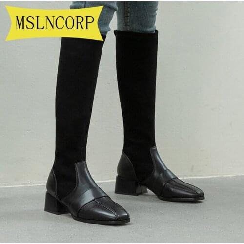Plus Size 34-48 Fashion Women Boots Spring Winter Knee-High Quality Suede Long Comfort Leather Square Heels Thigh High Boots