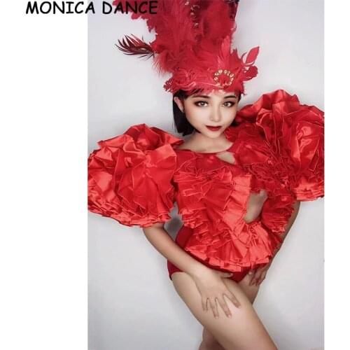 Nightclub Women Sexy Stage Red Velvet Hollow Bodysuit Cap Birthday Prom Feather Headdress Evening Women Dancer Outfit