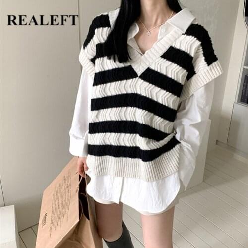 REALEFT Autumn Winter Classic Striped Womens Sweater Vest 2021 New Sleeveless Casual Loose Pullovers V-Neck Knitted Tops Female