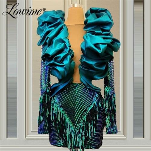 Sequins Cocktail Party Dresses Short Evening Dress 2021 Customized Illusion Green Prom Dresses Long Sleeves Celebrity Dress