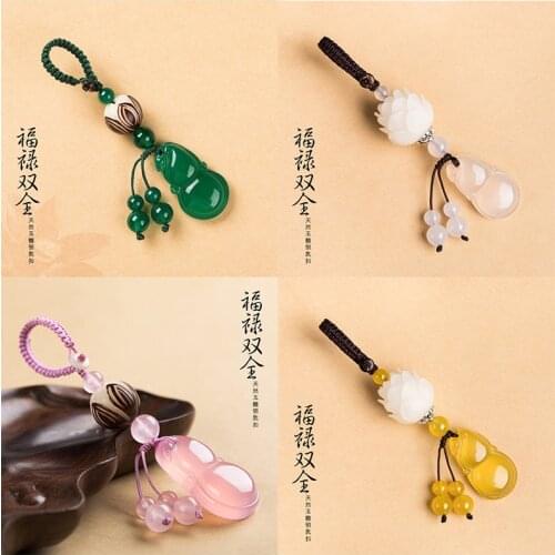 Natural Agates Stone Gourd Pendant Handmade Carved Lotus Keychains Key Ring Key Holder for Women Car Bags Accessories