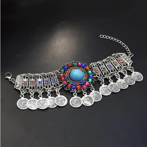 Gypsy Colorful Rhinestone Flower Bracelets & Bangles Blue Stone Coin Dance Bracelet Armband Indian Turkish Tribal Summer Jewelry