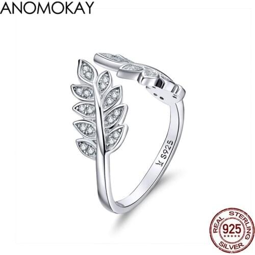 Anomokay Sparkling Zircon Leaf Open Finger Rings for Women 925 Gift Sterling 925 Silver Ring Enagement Accessories Jewelry