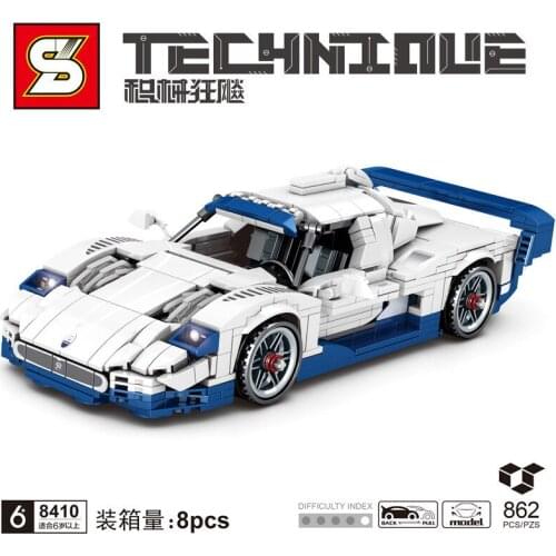 SY8410 Building Block Technology Series Mechanical Hurricane Pull Back Maserati GT Blue and White Sports Car Model Assembly Toy