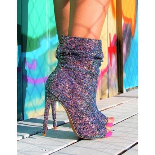 Fashion Bling Bling Leather Women Fish toe Ankle Boots Gladiator Ladies Glitter Paillette Sexy Sandals Botte Short Bottines