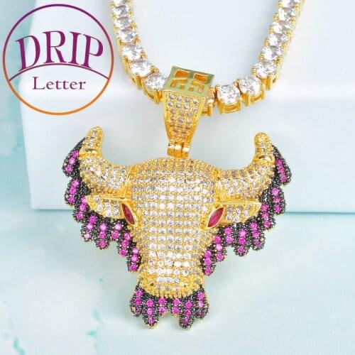 Pink Color Drip Cow Pendant Animal Necklaces Charm Gold Color Cubic Zircon Mens Hip Hop Rock Jewelry