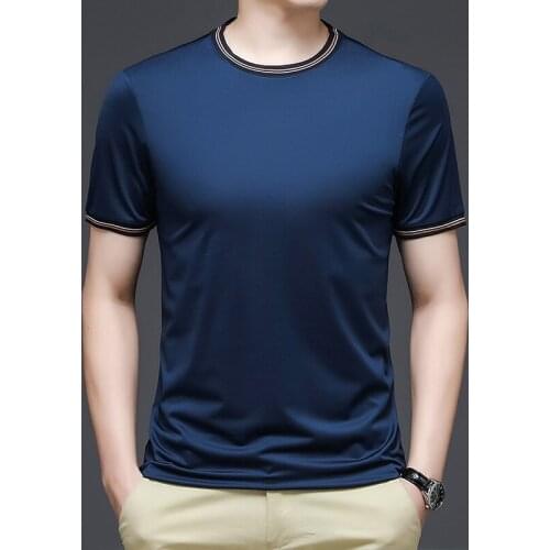 Ice Silk Brand High Quality T Shirt Men Threaded Collar Summer Mens Round Neck Short Sleeve Tshirt Casual Top Solid Black 2021