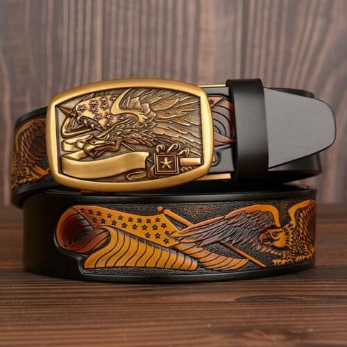 Fashion Genuine Leather Belts for Men Solid Eagle Automatic Buckle Ratchet Leather Men Belt American Style Pressed Waist Straps