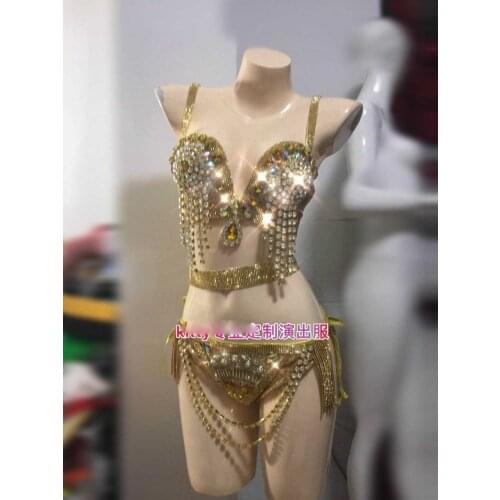 Nightclub bar party stage show Music festival model bungee suit Gold sparkly belly dance bikini costumes
