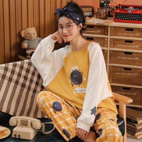 New Home Clothes For Women Cotton Pajama Sets Long Sleeve Sleep Lounge Wear Cartoon Nightwear Pyjamas Female Sleepwear Home Suit