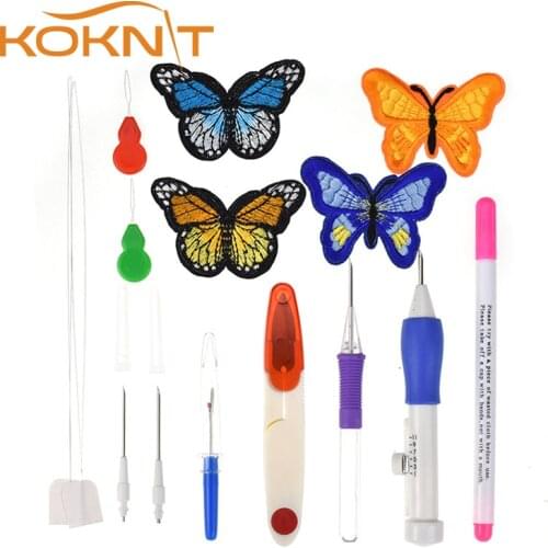 Plastic Embroidery Stitching Punch Needle Pen Needle with Patterns Scissors Pen Set For Women Mom DIY Sewing Accessories AC153