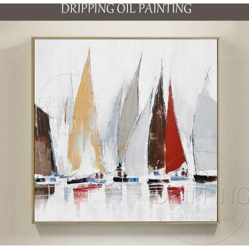 Simple Design Artist Hand-painted High Quality Abstract Boats Landscape Oil Painting on Canvas Many Boats Painting for Wall Art