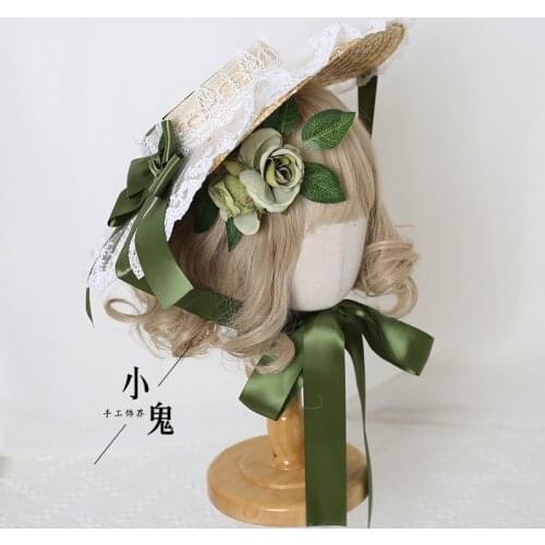 Retro Women Lolita Bonnet Straw Sun Hat Flower Lace Wide Brim Headdress Afternoon Tea Party Accessory