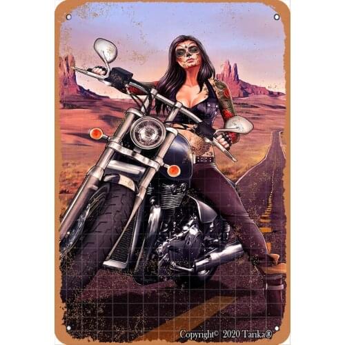 Retro Poster Sexy Lady Drive Motorcycle 20X30 cm Retro Look Metal Decoration Art Sign for Home Kitchen Bathroom Farm Garden
