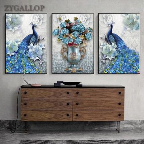 Blue Peacock- Vase Canvas Painting Scandinavian Wall Art Print Vintage Poster 3 Pieces Wall Pictures for Living Room Decoration