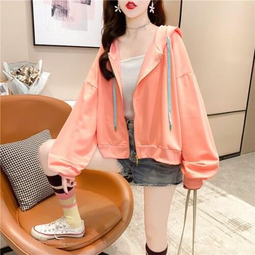 Sweater womens spring and autumn new thin long-sleeved t-shirt loose solid color zipper short coat plus size womens clothing
