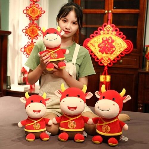2021 New Year Chinese Zodiac Ox Year Mascot Cattle Plush Toys Cotton Stuffed Red Cow Doll for Children Kids Decoration