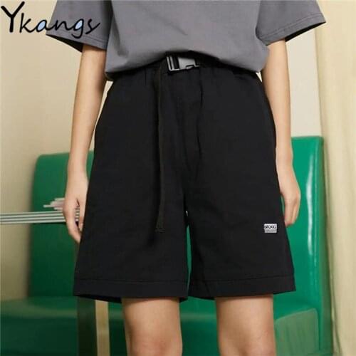 With Belt Vintage Joggers Elastic High Waist Shorts Female Harajuku Streetwear Korean Style Casual Black Run Sports Cargo Shorts