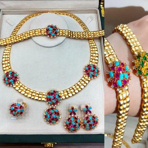 High Quality Luxury African Dubai Style Vintage golden Necklace Bangle Earrings Ring Set For Women Wedding Bridal Indian 2021