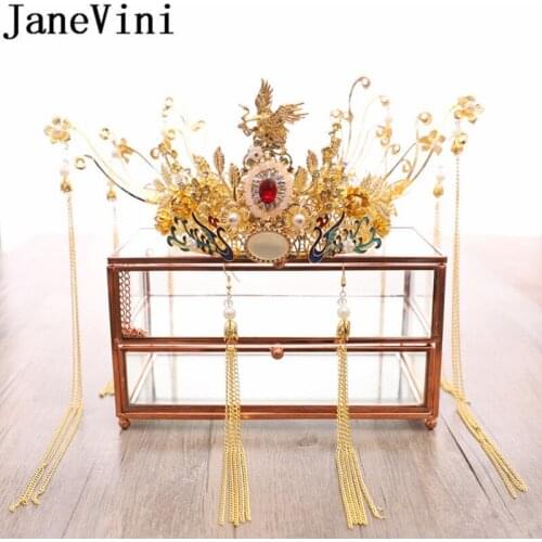 JaneVini Chinese Style Pearl Tiara Wedding Hair Accessories Jewelry Gold Round Crowns Crystal Long Tassel Crown Earrings Set