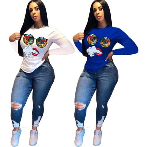 Woman Long Sleeve White T-shirt Fashion Printed O Neck Casual Streetwear Graphic Top T Shirts Women Fall Spring Clothes New 2021
