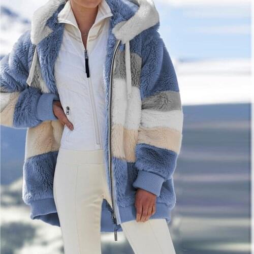 Autumn And Winter Womens Jacket Fashion Plush Color Matching Hooded Casual Loose Zipper Ladies Long Sleeved Warm Jacket 2021