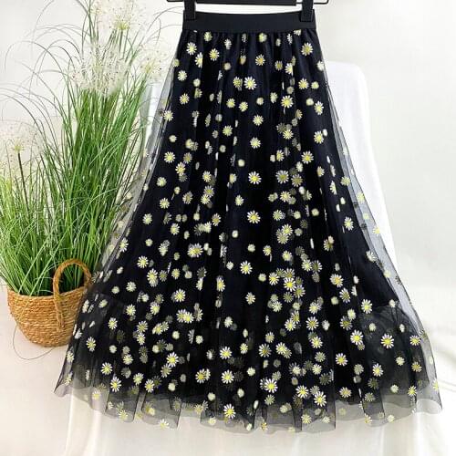 Daisy Mesh Skirt Female 2020 Summer Design New Slim Elastic High Waist Midi Skirt Floral A- Line Skirts Femme Jupes 2XL