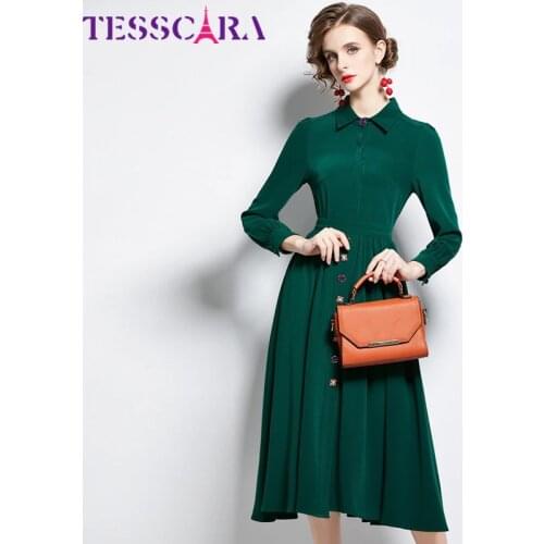 TESSCARA Women Autumn & Winter Elegant Dress Suit Set High Quality Long Vintage Office Lady Robe Femme Designer Green Vestidos