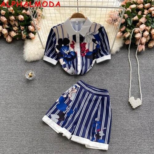 ALPHALMODA Striped Floral Fashion Women Shirt High Waist Wide-leg Shorts Summer 2pcs Fashion Suit European Style Trendy Set