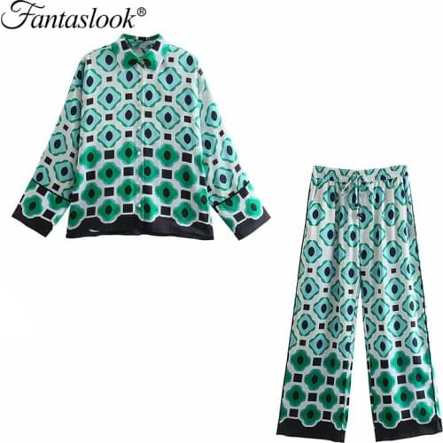 Casual Set Women Two Pieces Set Autumn Printed Shirts Suit Turn Down Collar Long Sleeved Blouses Suit Loose Lace Up Trousers Set