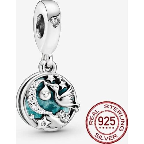 Hot Sale 925 Sterling Silver Stork & Twinkling Stars Dangle Charm fit Original Pandora Charm Bracelet S925 Silver Jewelry Gift