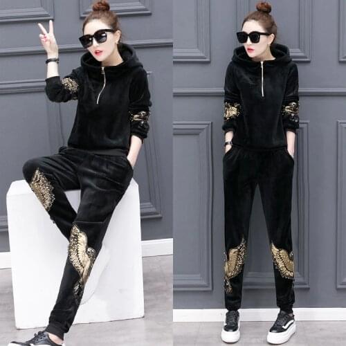 Tracksuit for women 2019 Fashion 2 piece sets Autumn Winter Beading embroidery casual high quality sweater long pants femalesuit