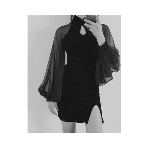 Autumn Gothic Dress Black Sheath Lantern Sleeve Women Chinese style Sexy Qipao Short Punk Dresses Hollow Mesh Goth Mini Dress
