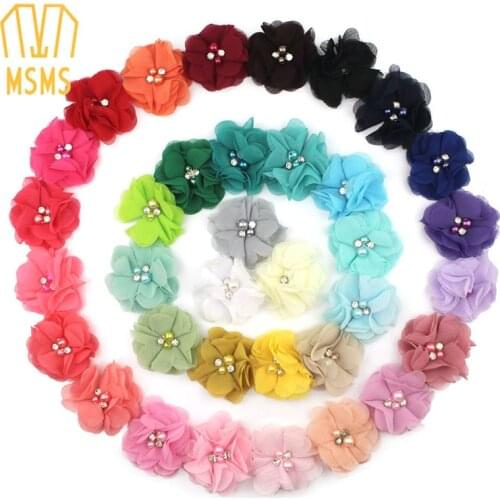 35 Color U Pick 2 Inch Mini Layered Chiffon Fabric Flowers With Pearl Rhinestone DIY Bow Making Supplies ,Two Pearl Two Rhinesto